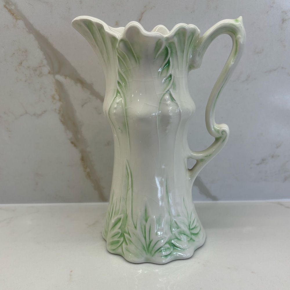 Vintage Colonial Mold Light Green Floral Accents on White Ceramic Pitcher Vase